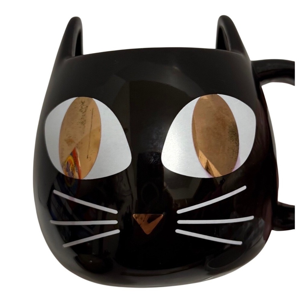 Black Cat Face Mug – 3D Sculpted Ceramic – Spooky Halloween Coffee Cup Gold Eyes